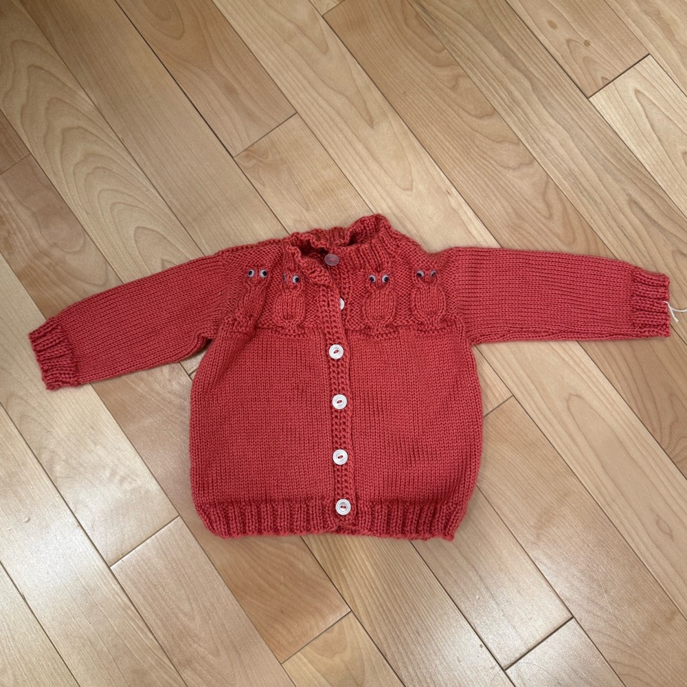 Red Knit Cardigan with Owl Design